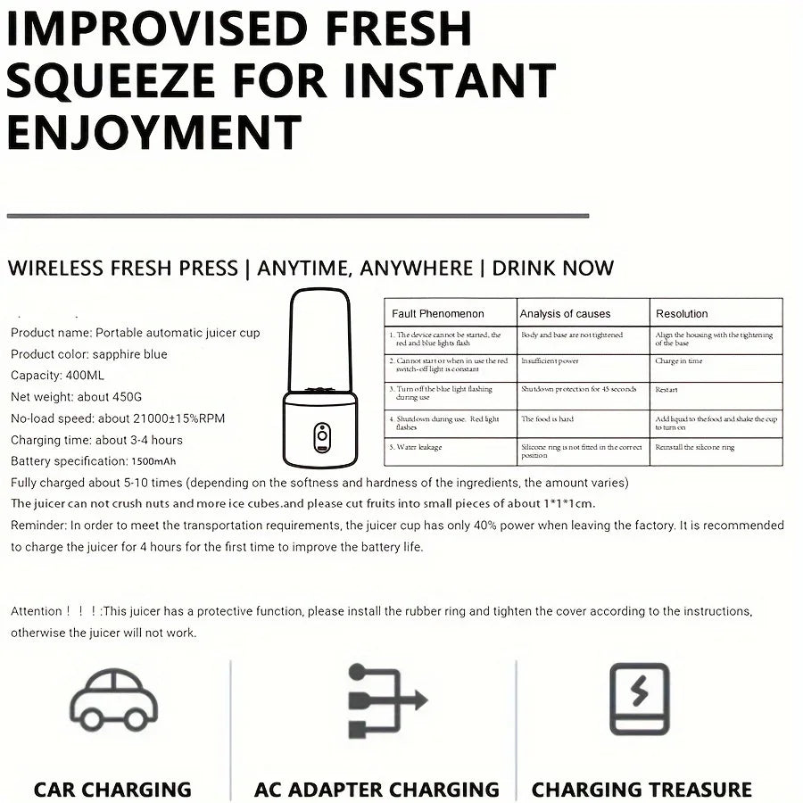 Portable 6 Blade USB Rechargeable Juicer Cup with Dual Travel Cups